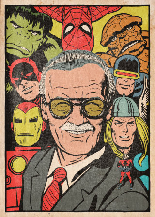 Panneaux de bandes dessinées racontant la biographie de Stan Lee 