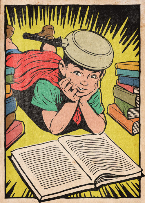 Ilustração de menino bonitinho lendo um livro