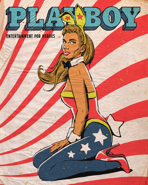 Ilustração da Mulher Maravilha dentro de uma capa clássica da Playboy