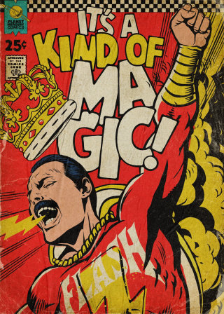 Ilustração de Freddie Mercury como o super-herói Shazam