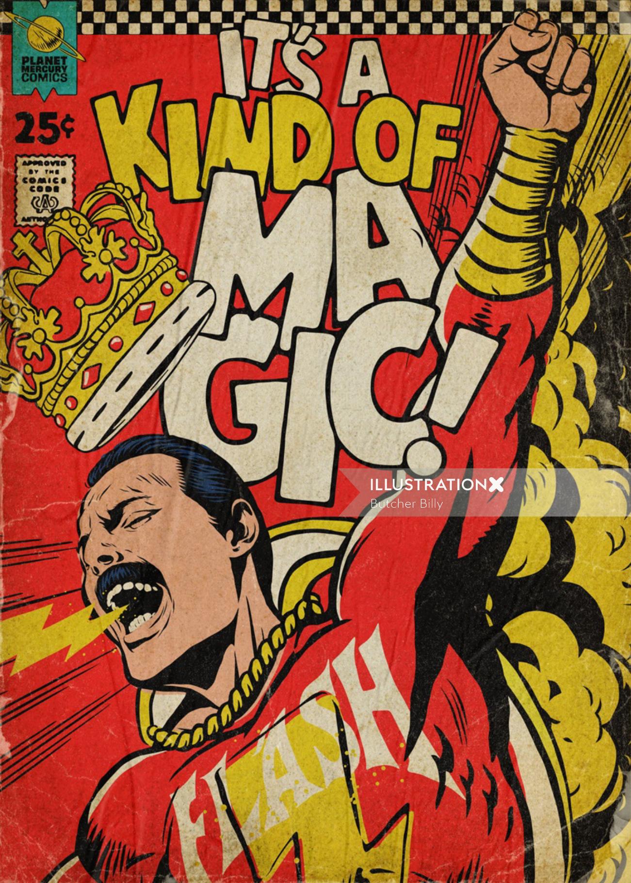 Illustration of Freddie Mercury as the superhero Shazam