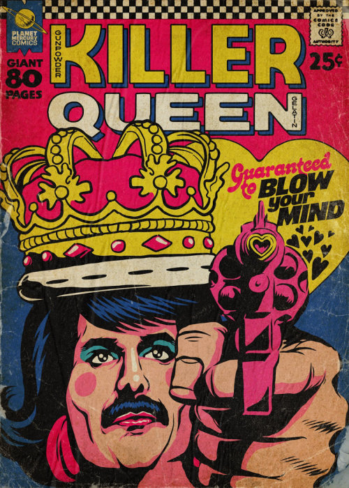 Pop art illustration of Freddie Mercury in a vintage pulp comic book