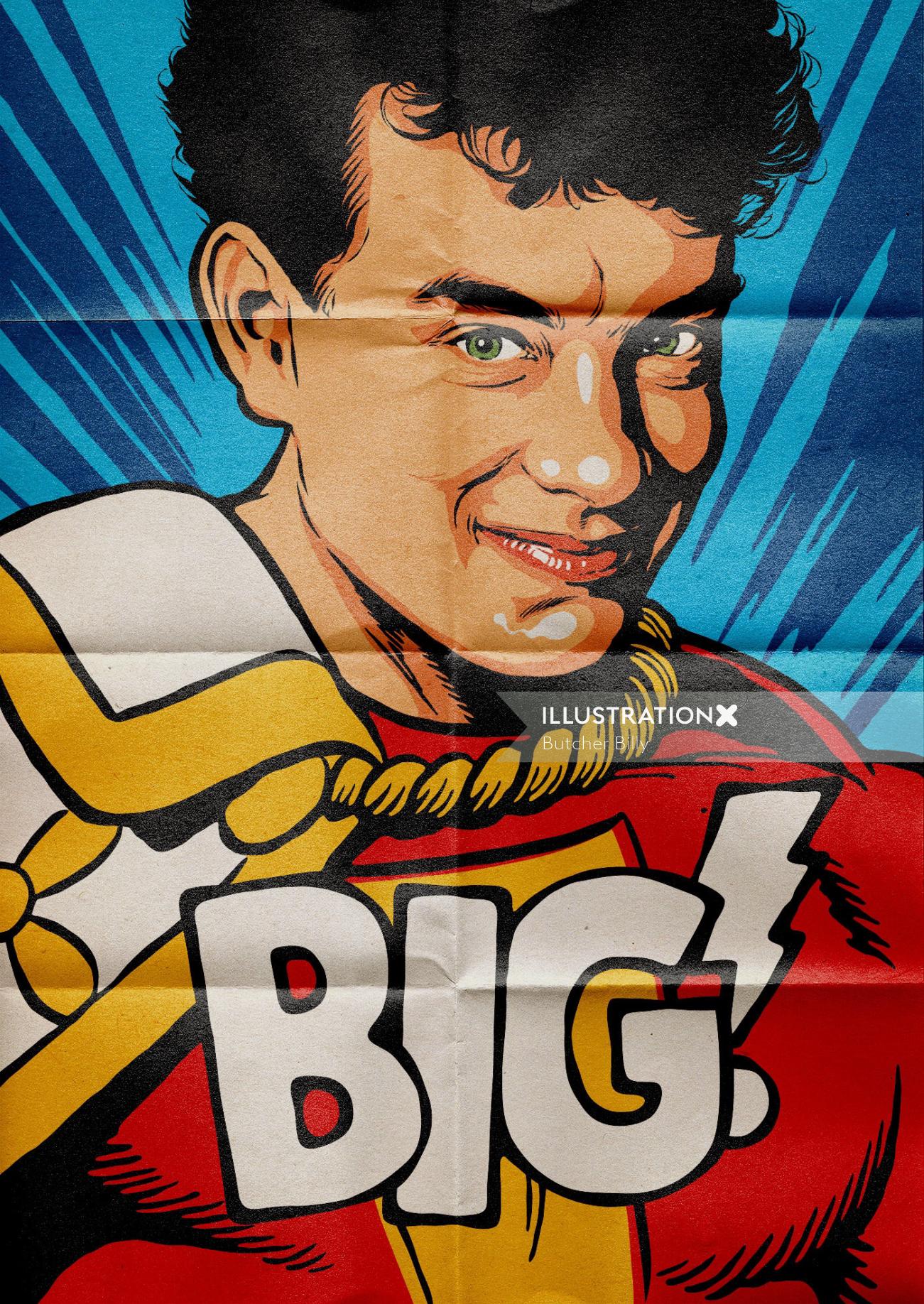 Illustration conveying Tom Hanks as Shazam in Big
