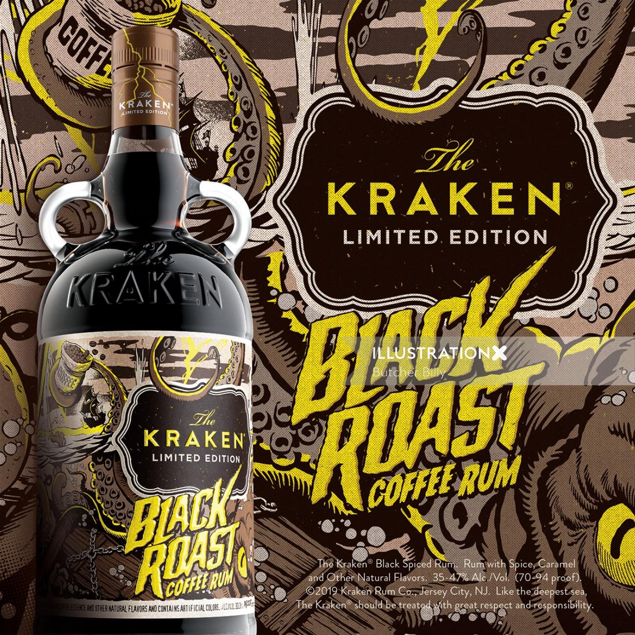 Kraken 黑烤咖啡朗姆酒的标签设计