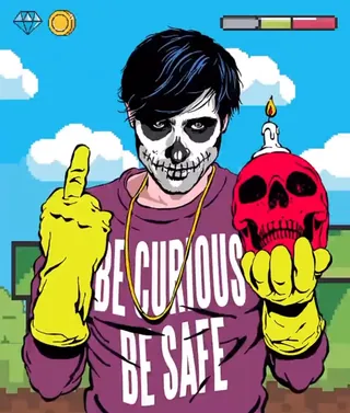 Person with skull face paint holding a red skull candle, wearing yellow gloves, by Butcher Billy.