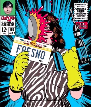 Comic book cover showing a woman with a pie in her face and a Fresno plate by Butcher Billy