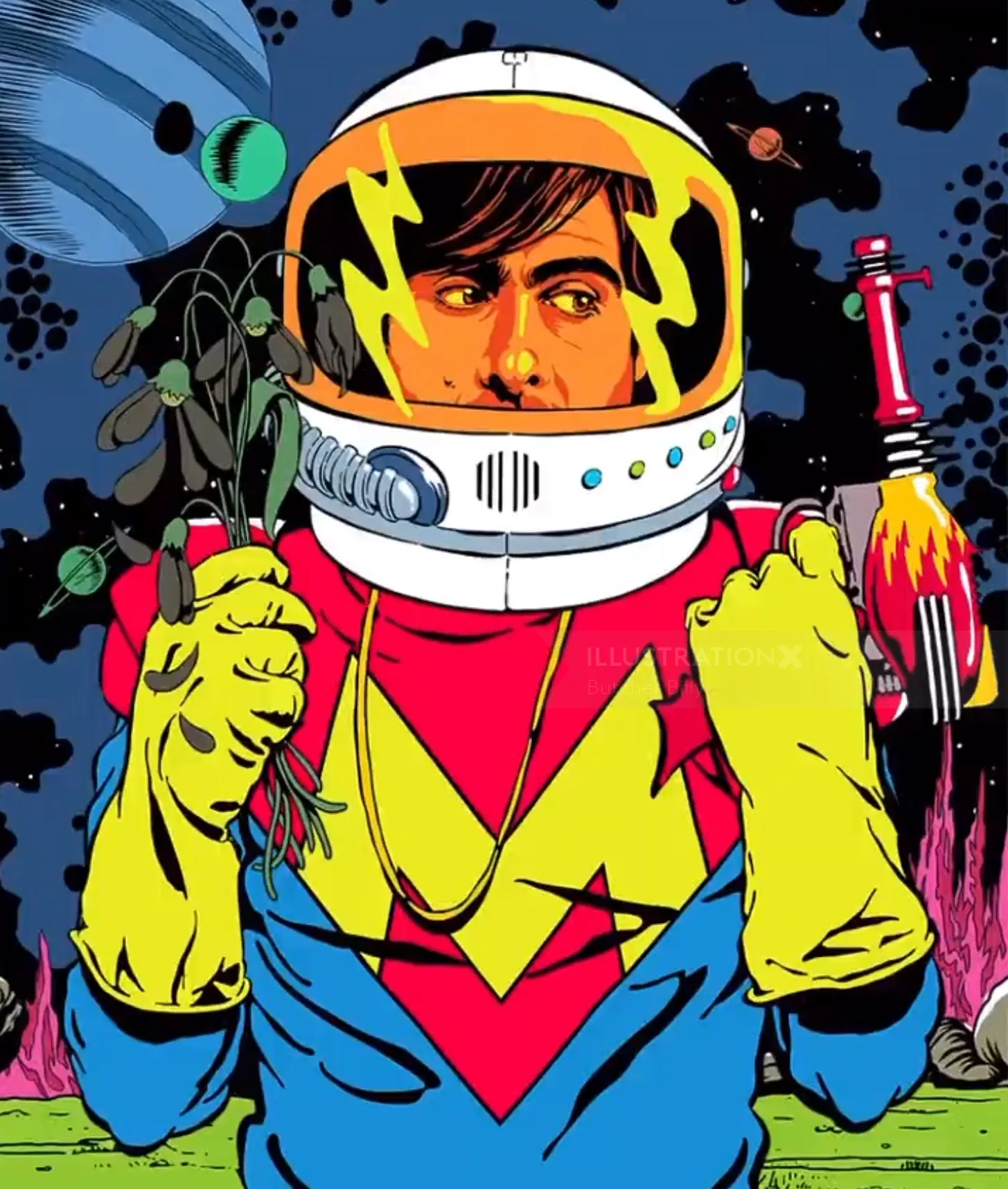 Comic astronaut with lightning bolt helmet and yellow gloves by Butcher Billy