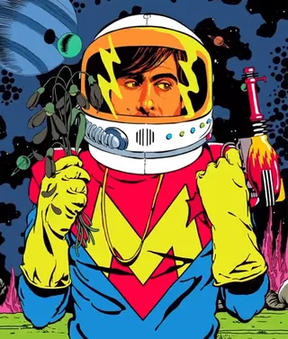 Comic astronaut with lightning bolt helmet and yellow gloves by Butcher Billy