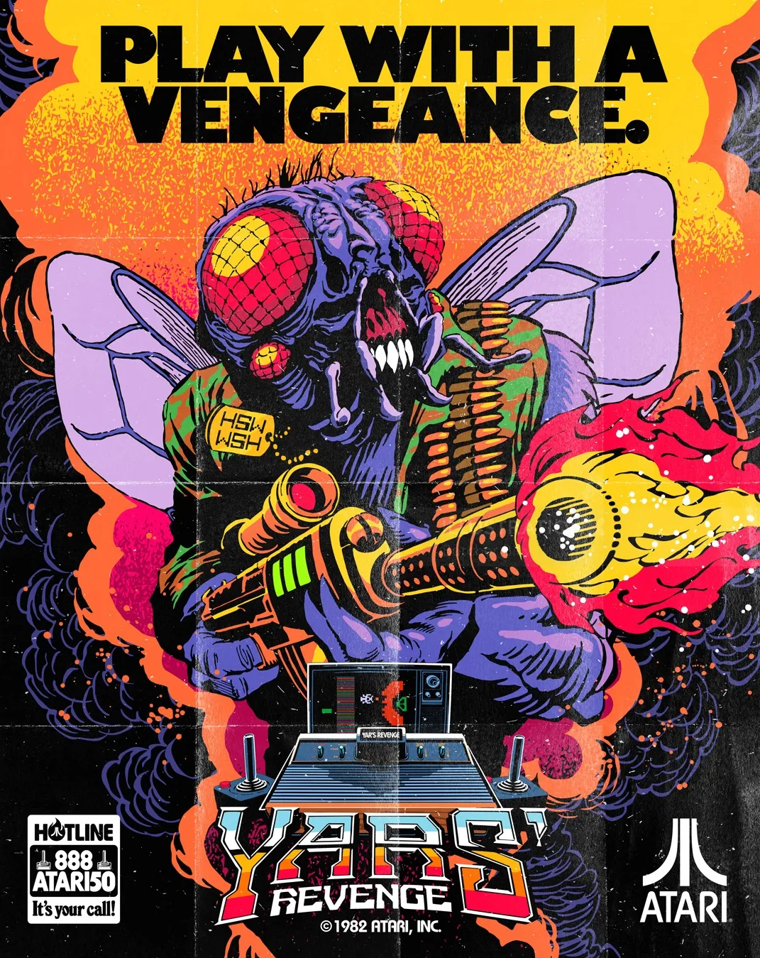 Yars Revenge game cover insect warrior firing flamethrower, illustration by Butcher Billy