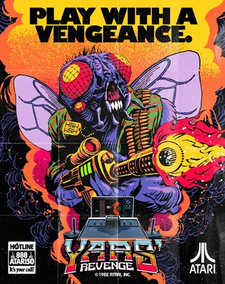 Yars Revenge game cover insect warrior firing flamethrower, illustration by Butcher Billy