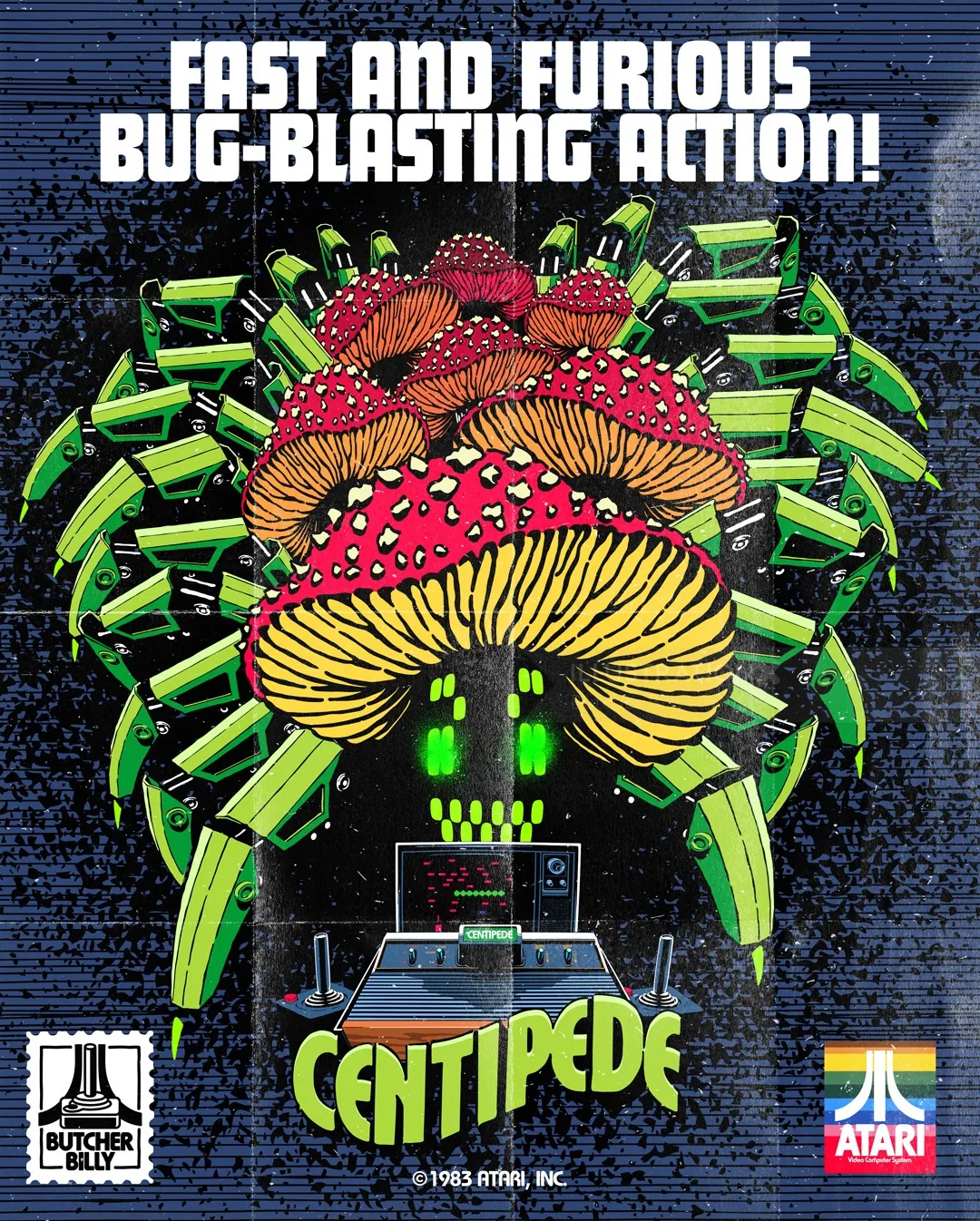 Centipede arcade game art with pixel mushroom and green bug segments by Butcher Billy