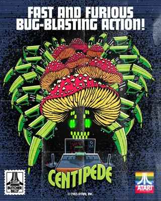 Centipede arcade game art with pixel mushroom and green bug segments by Butcher Billy