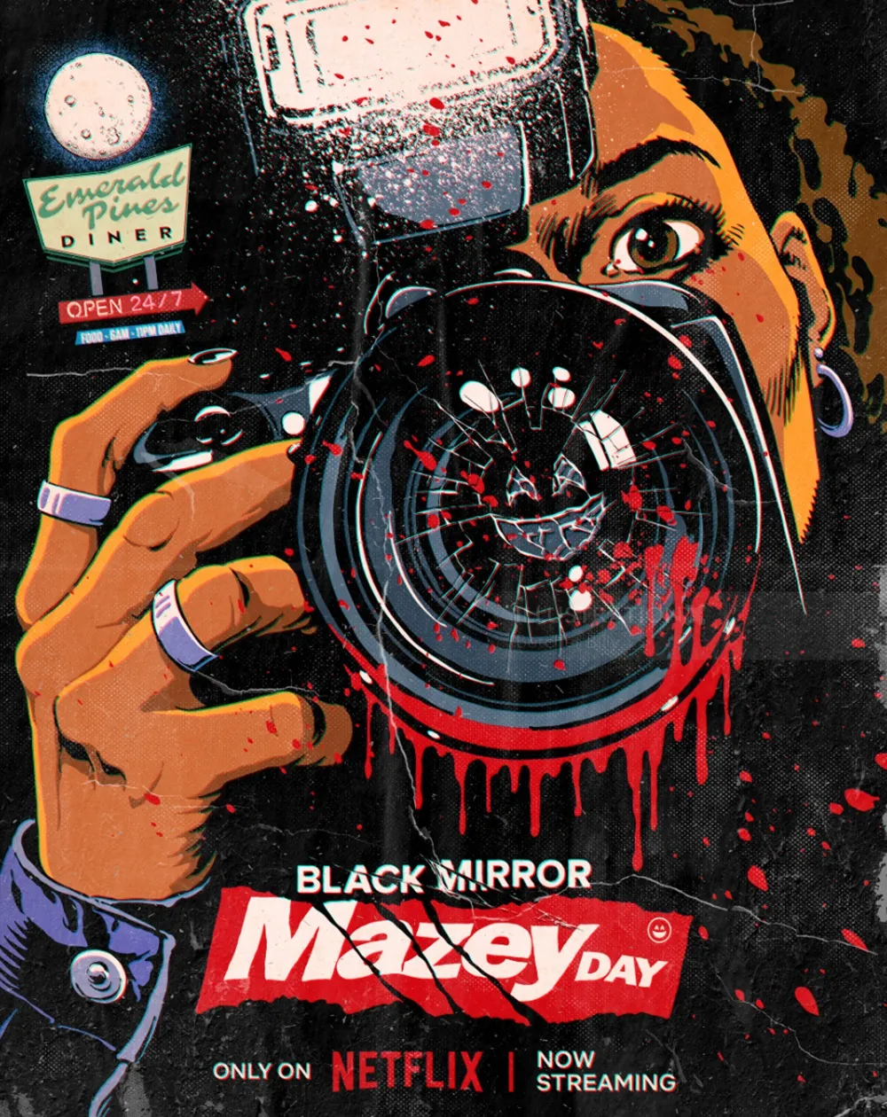 Person holding camera with blood-splattered lens in Black Mirror Maxey Day poster by Butcher Billy