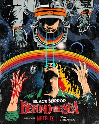 Space helmeted figure and man with bloodied hands under fiery background by Butcher Billy