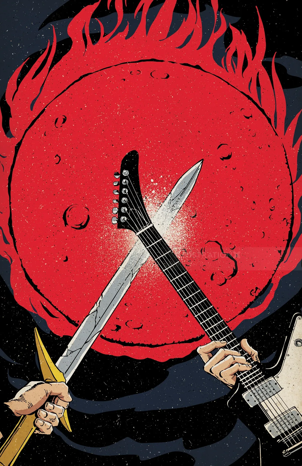 Hands holding electric guitar and sword crossed with flaming red moon background.