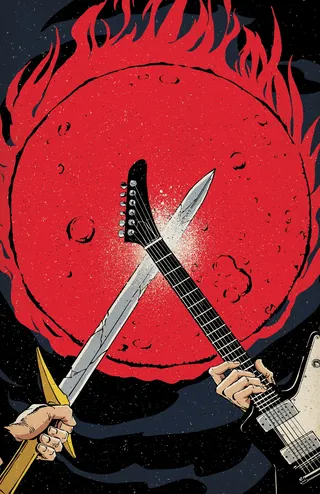 Hands holding electric guitar and sword crossed with flaming red moon background.