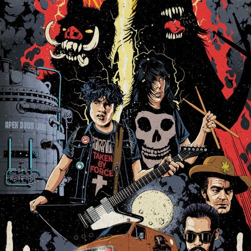 Illustration of a punk band with monsters and a vintage van.