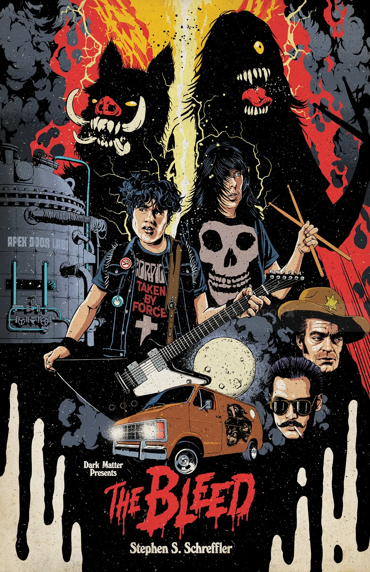Illustration of a punk band with monsters and a vintage van.