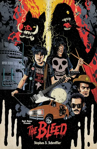 Illustration of a punk band with monsters and a vintage van.