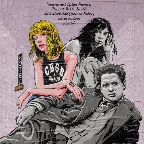 Artistic drawing of three poets with handwritten text and title