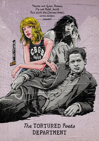 Artistic drawing of three poets with handwritten text and title