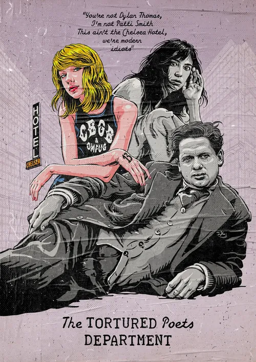 Artistic drawing of three poets with handwritten text and title