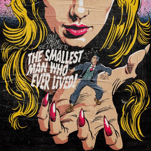 Giant woman with yellow hair holding a tiny man in her hand illustration.
