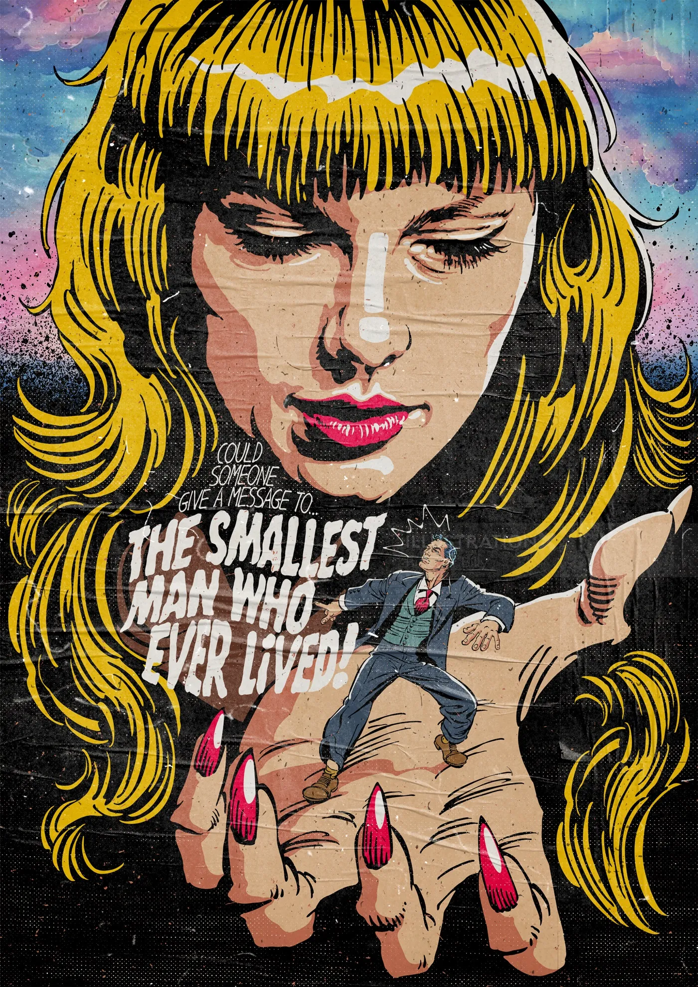 Giant woman with yellow hair holding a tiny man in her hand illustration.