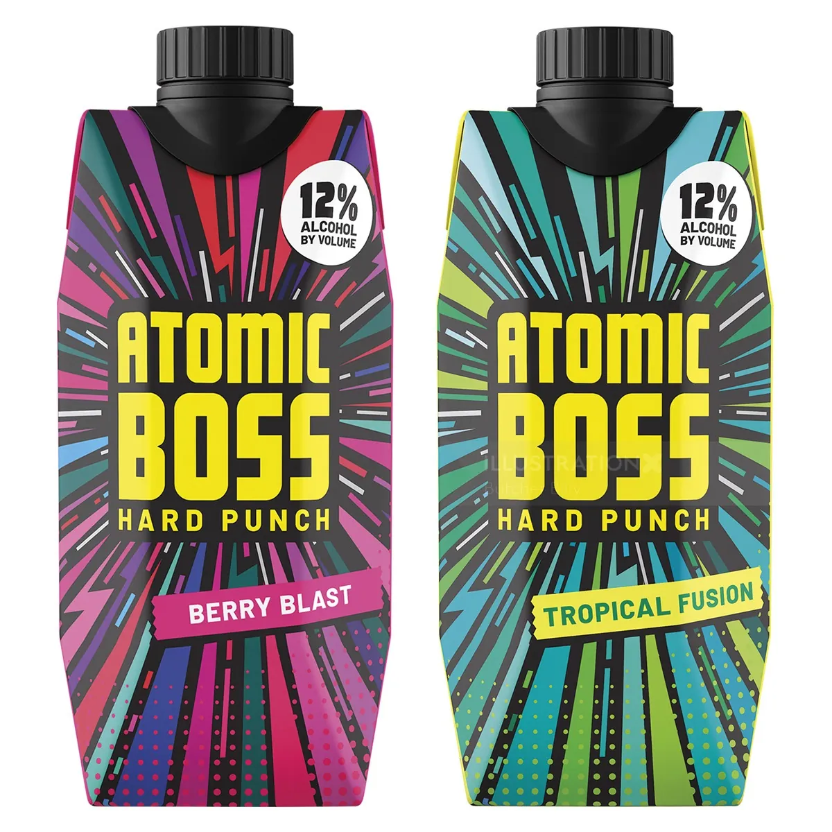 Cartons de boissons Atomic Boss Hard Punch aux saveurs Berry Blast et Tropical Fusion