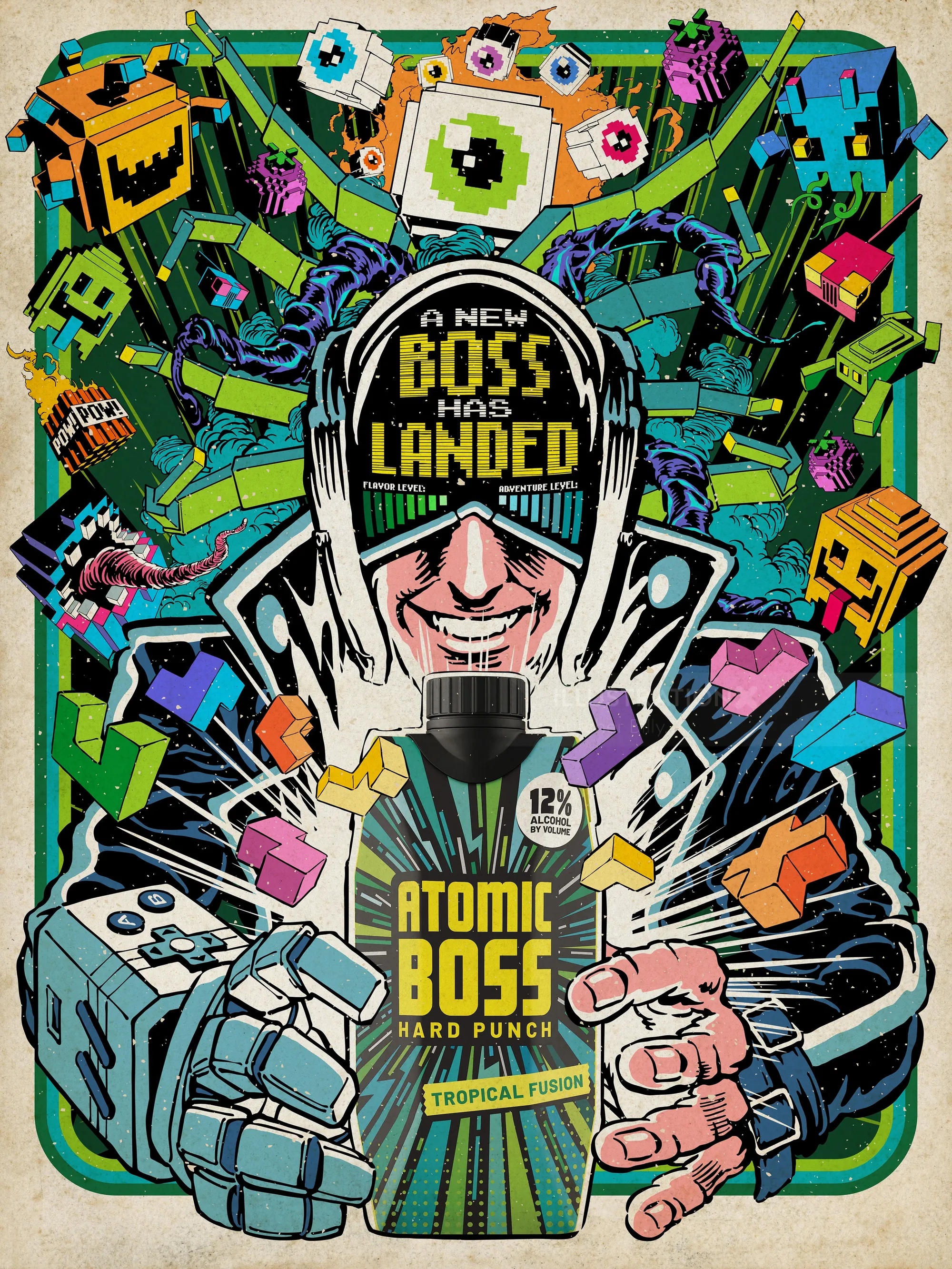 Explosive poster design for Atomic Boss: Hard Punch