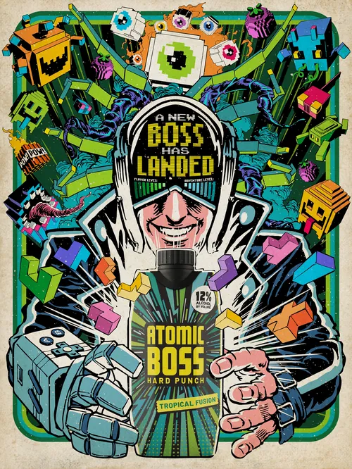 Explosive poster design for Atomic Boss: Hard Punch