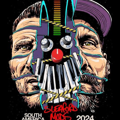 Surreal double-faced man with piano keys and clown nose graphic for tour poster