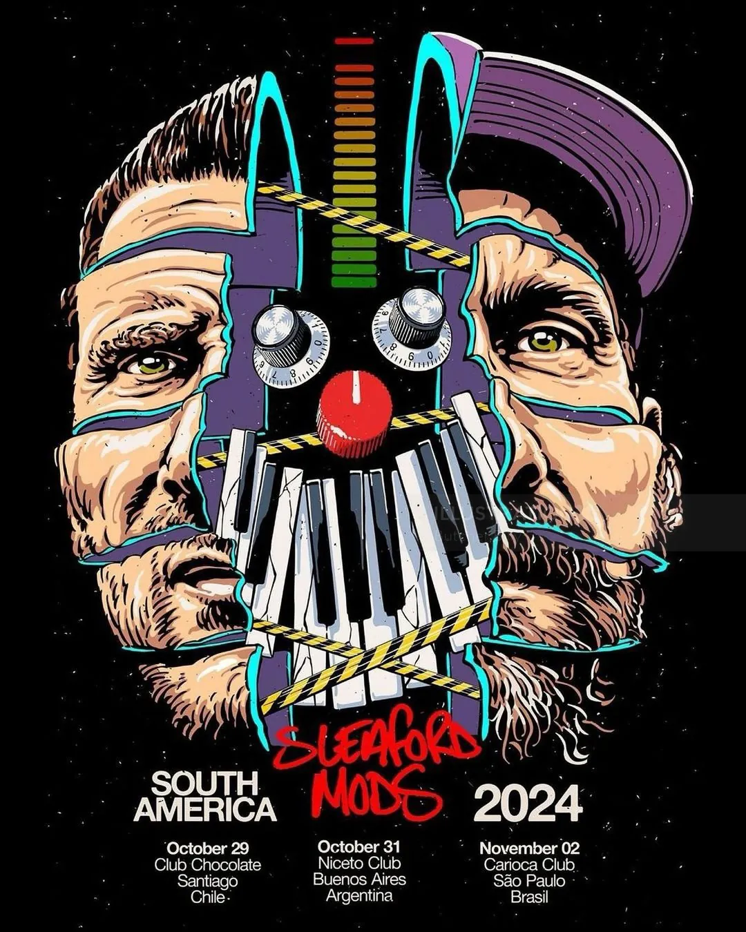 Surreal double-faced man with piano keys and clown nose graphic for tour poster