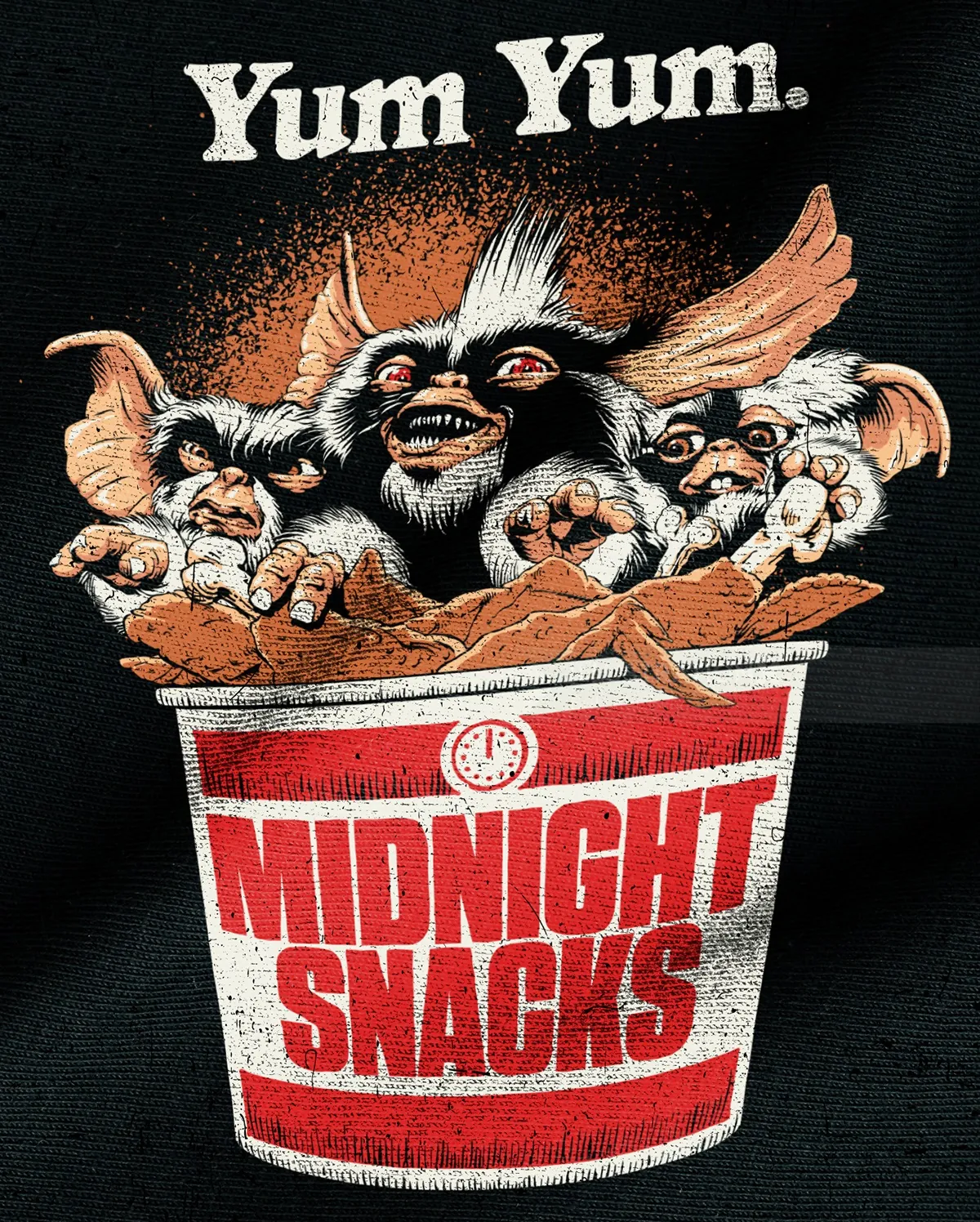 Gremlins in midnight snacks bucket with Yum Yum text above