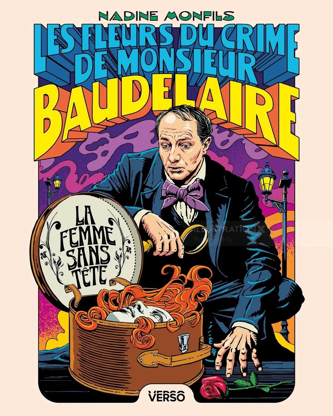 Surreale Illustration von Baudelaire, der eine kopflose Frau in einem Koffer untersucht, von Butcher Billy