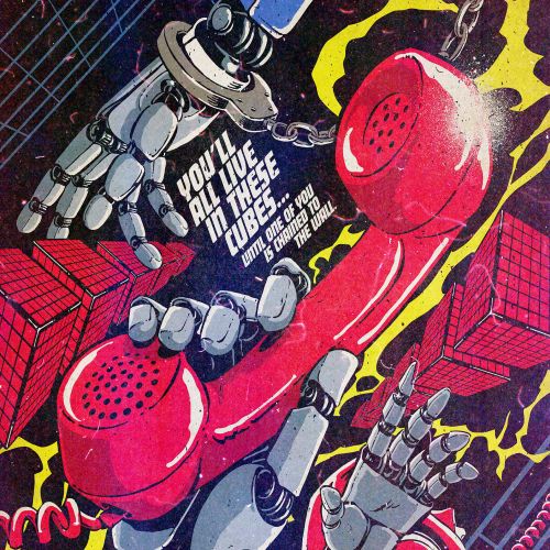 Comic-style retro red phone held by robot arm, artwork by Butcher Billy