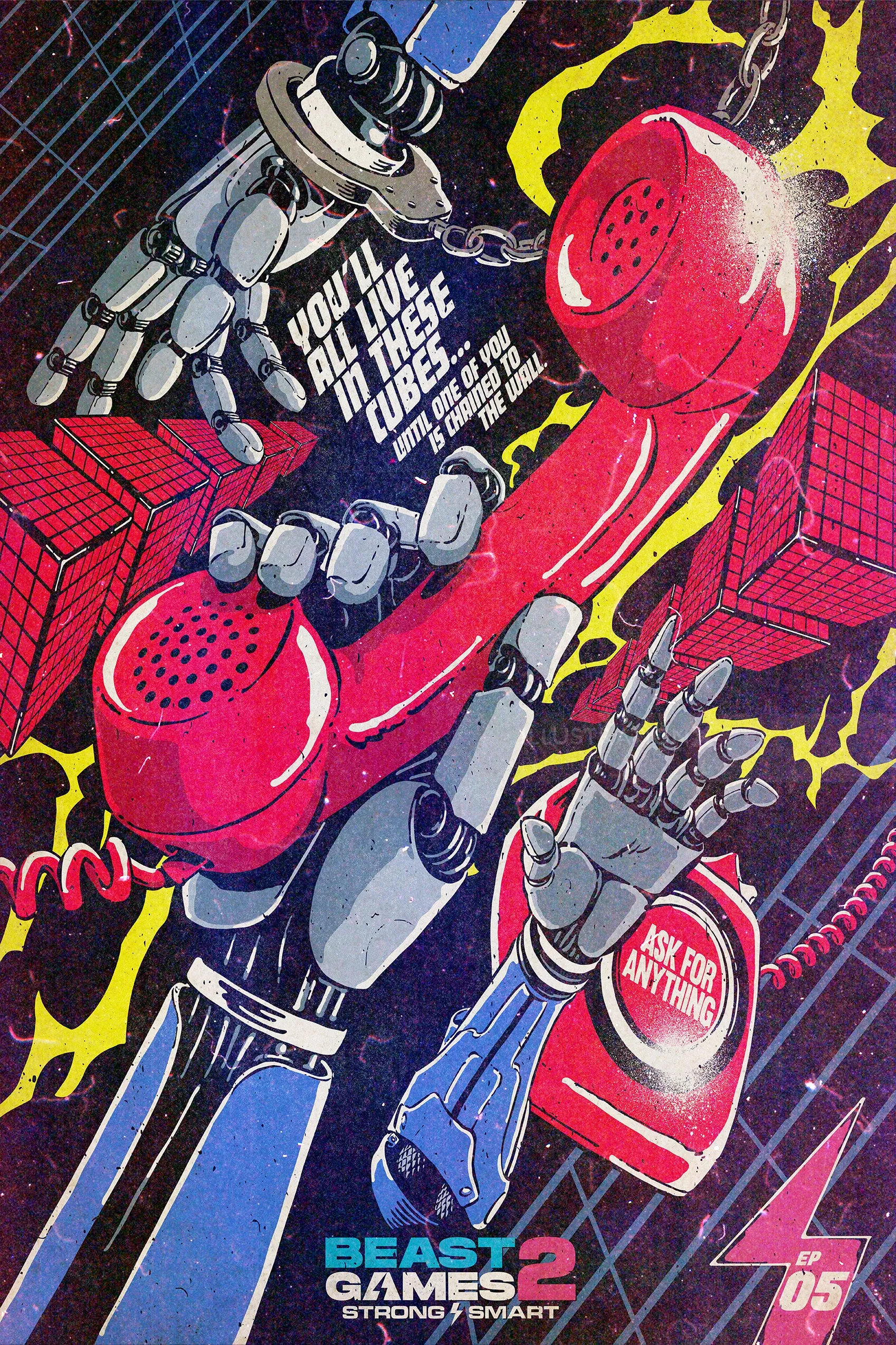 Comic-style retro red phone held by robot arm, artwork by Butcher Billy