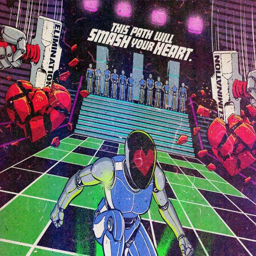 Retro-futuristic robot on neon grid with robotic arms, artwork by Butcher Billy