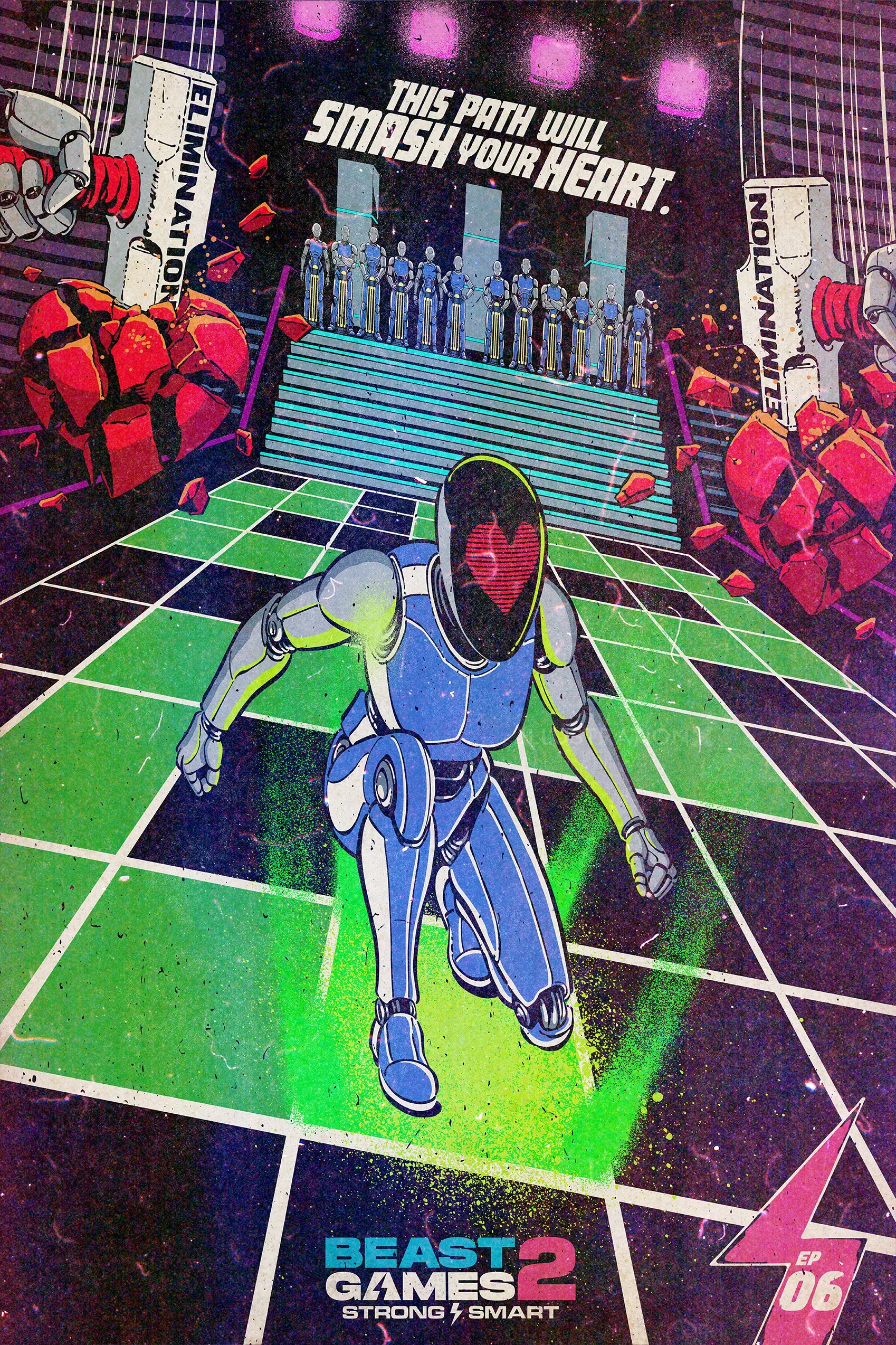 Retro-futuristic robot on neon grid with robotic arms, artwork by Butcher Billy