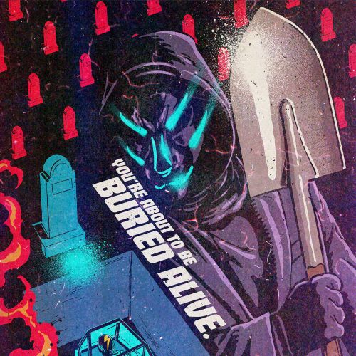 Futuristic armored figure holding shovel and coffin by Butcher Billy