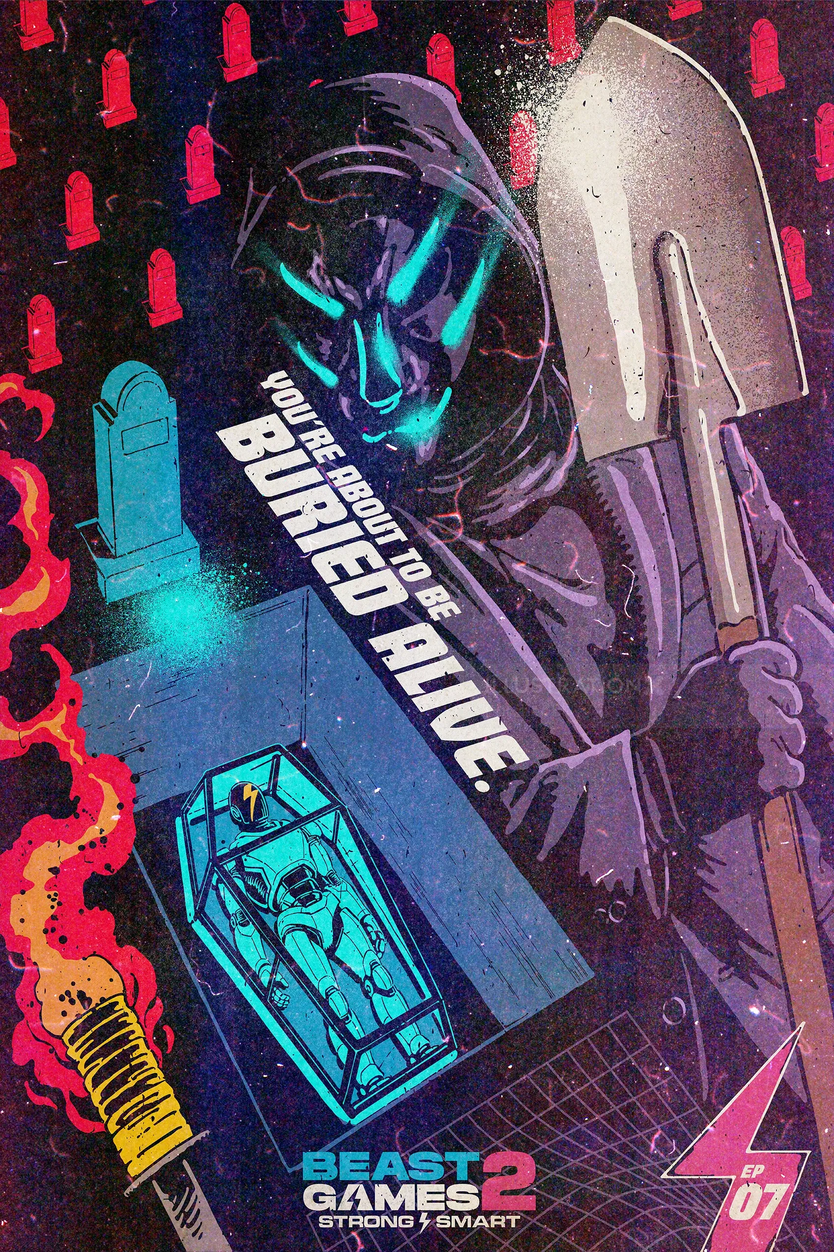 Futuristic armored figure holding shovel and coffin by Butcher Billy
