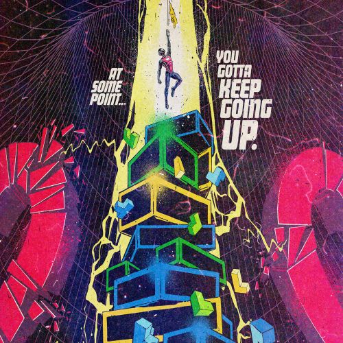Motivational artwork of a figure climbing colorful blocks by Butcher Billy