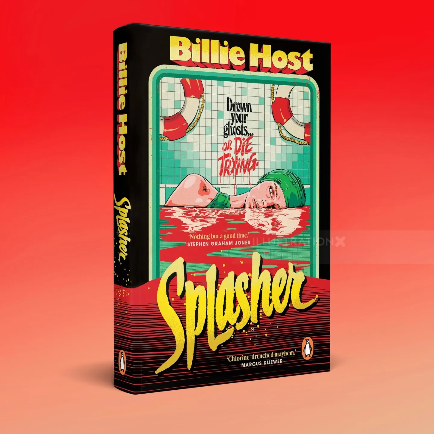 Capa do livro de paródia Splasher de Butcher Billy com um nadador ensanguentado