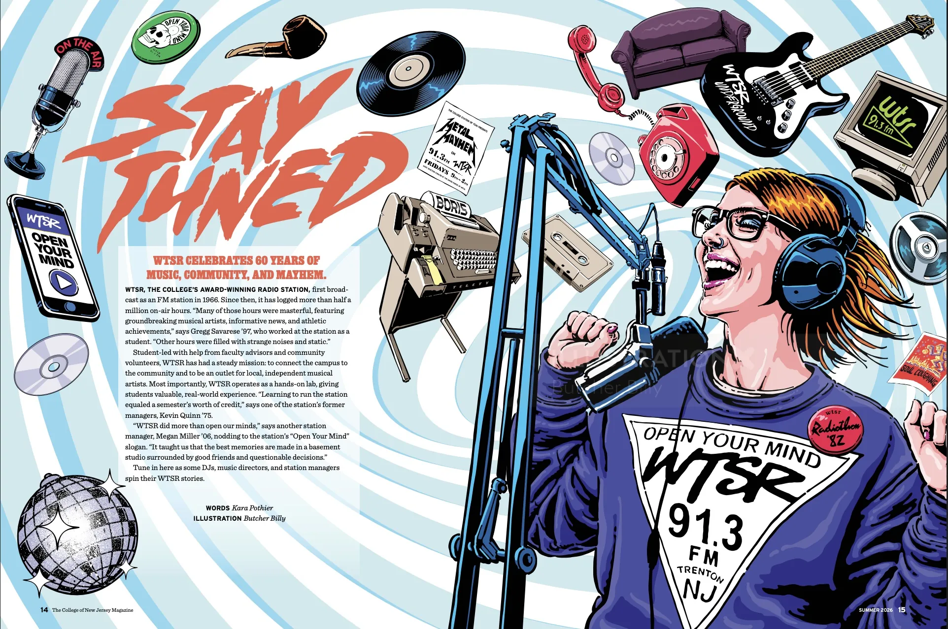 Butcher Billy illustration of a radio host surrounded by microphones, records, and music equipment