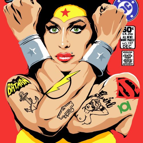 An illustration of Amy winehouse as wonder woman