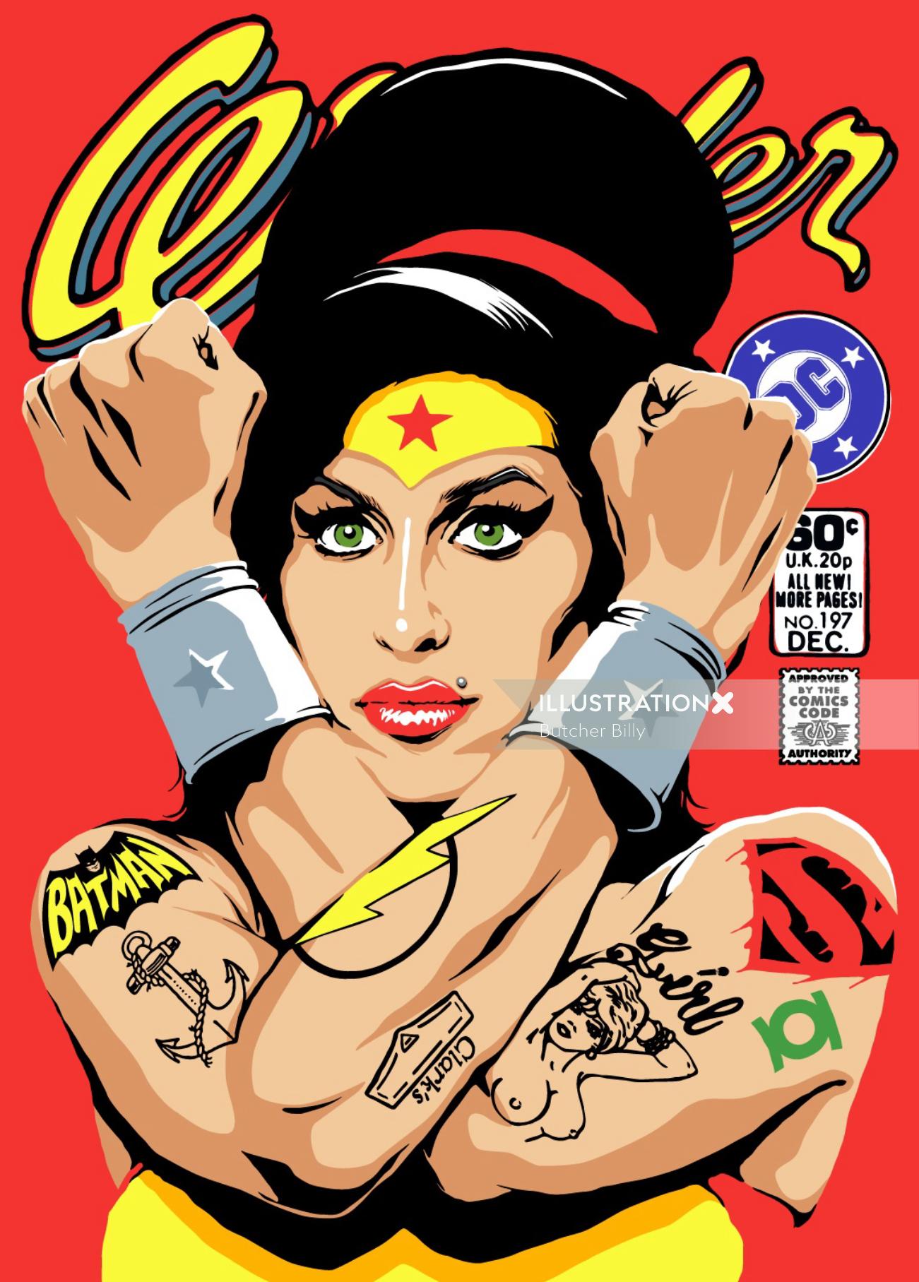 An illustration of Amy winehouse as wonder woman