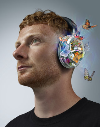 Ilustración 3D de retoque para auriculares Audio-Technica