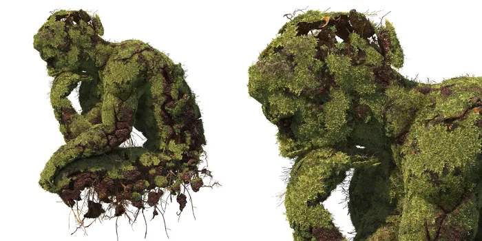 Topiary sculptures shaped like two frogs with detailed leafy texture by artist CUBE