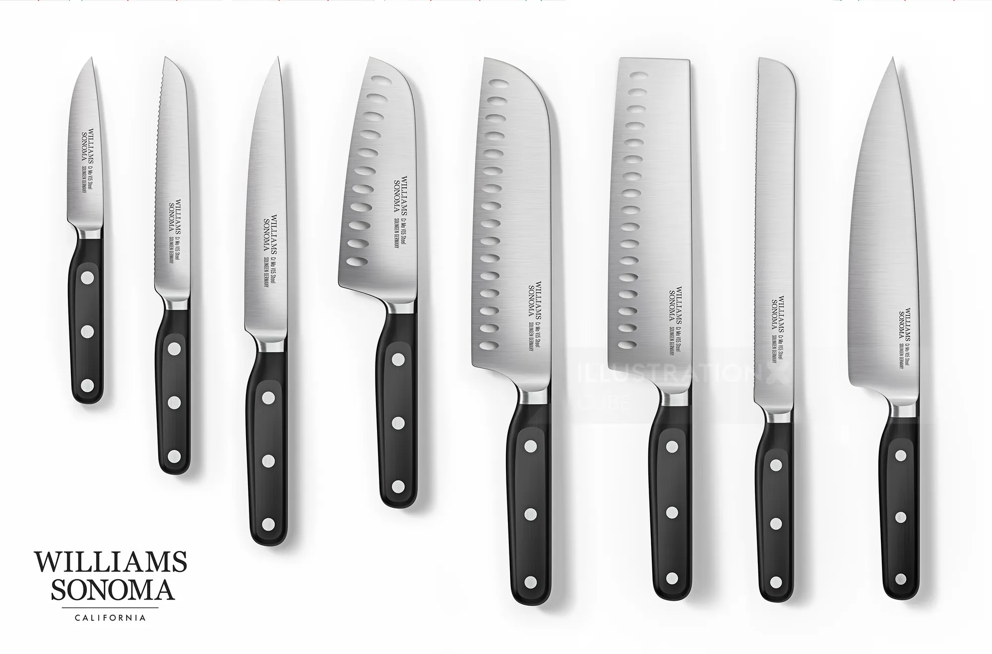 Eight stainless steel kitchen knives with black handles by CUBE