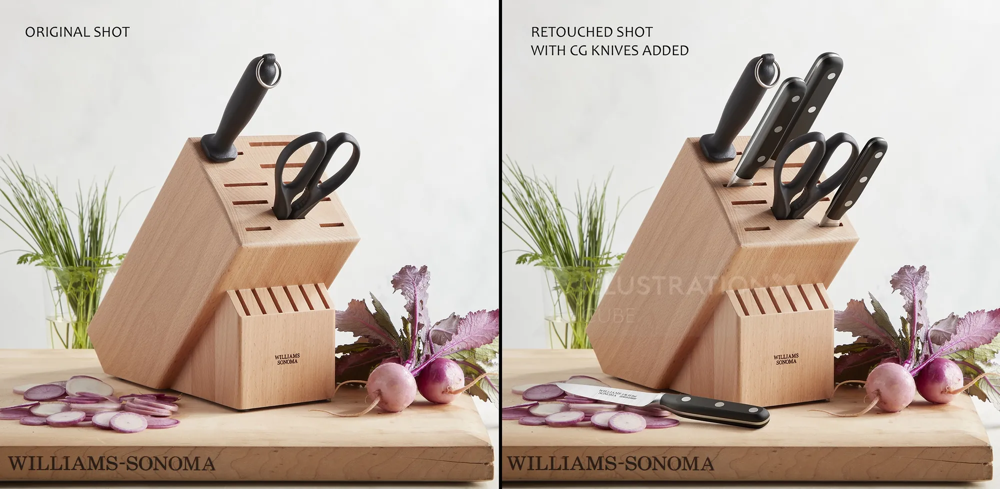 3D knives in a wooden block with onions and herbs by CUBE